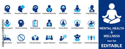 Mental Health and Wellness Icon Set. Includes Mindfulness, Therapy, Psychology, Self Care, and Meditation Illustrations for UI and Web Design.