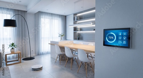 Smart home control panel mounted on a wall inside a modern minimalist kitchen and dining area with an automated vacuum cleaner moving across the floor