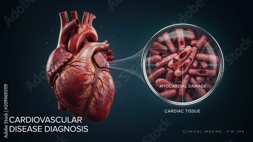 Medical illustration of human heart showing myocardial damage and cardiac tissue microscopic view for cardiovascular disease diagnosis transparent background
