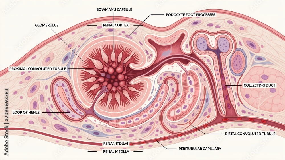 Fototapeta premium Medical illustration of a kidney nephron anatomy with labeled structures transparent background