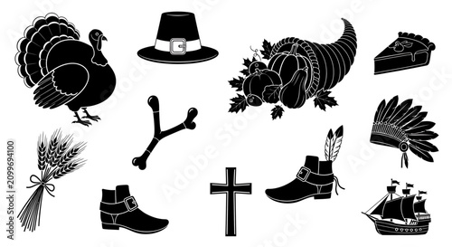 Pilgrims and Native Americans celebrate Thanksgiving with traditional food and symbols.