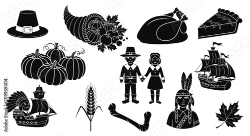 Thanksgiving holiday symbols and objects on white background