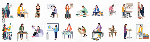 Collection of diverse female educators and professionals engaged in teaching, therapy, and creative activities in various modern illustration styles.