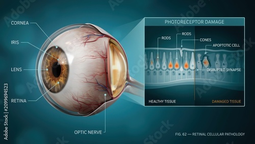 Medical illustration of human eye anatomy showing photoreceptor damage and retinal cellular pathology transparent background
