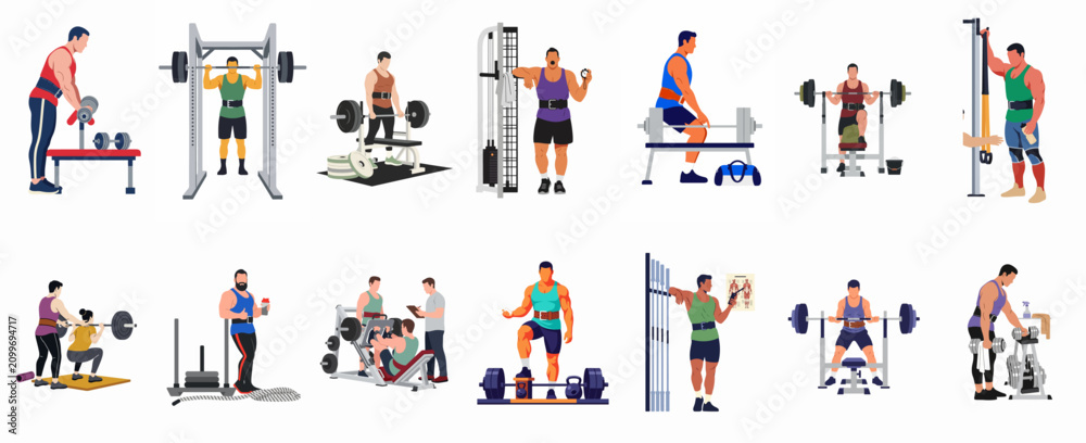 Fototapeta premium Flat Vector Illustrations Set of Men Training and Bodybuilding with Various Gym Equipment and Weights on White Background