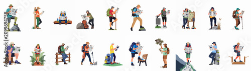 Fotografía Diverse collection of hikers and outdoor enthusiasts reading newspapers with Tariffs headlines while exploring various nature settings and hiking trails