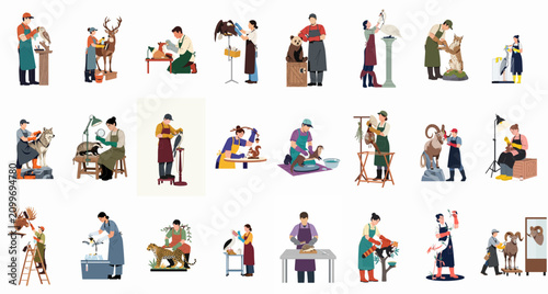 Konstfotografi Collection of professional taxidermists working on various wild animal specimens, including mammals and birds, in a flat vector illustration style