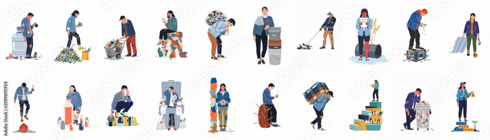 Obraz premium Set of diverse characters struggling with waste, plastic pollution, and the environmental consequences of modern consumerism.