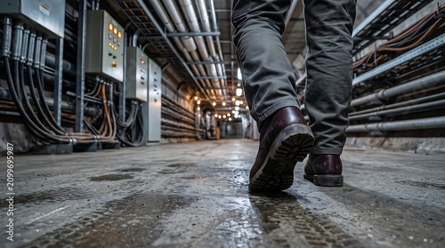 Worker boots walking in industrial tunnel with pipes and cables