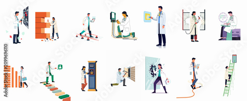Foto Collection of conceptual illustrations featuring doctors and medical professionals navigating cybersecurity, data management, and digital obstacles in the healthcare industry
