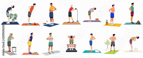 Fotografie Collection of diverse men performing various back stretches and exercises to alleviate pain and improve posture, presented in a flat vector style