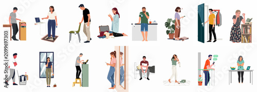 Schilderij op canvas Vector illustrations of people experiencing relationship problems, suspicion, and discovering secrets or betrayal in various domestic settings