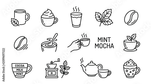 Schilderij op canvas Coffee, Cocoa, Mint Drinks & Ingredients Icon Set - Hand-Drawn Style