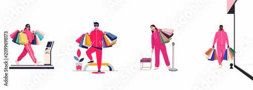 Фотография Modern flat vector illustration set of diverse people wearing pink tracksuits and carrying numerous shopping bags during a mall shopping spree