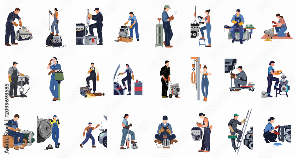 Fototapeta premium Set of professional male and female mechanics repairing car engines and industrial machinery, diverse industrial workers flat vector illustrations on white background.