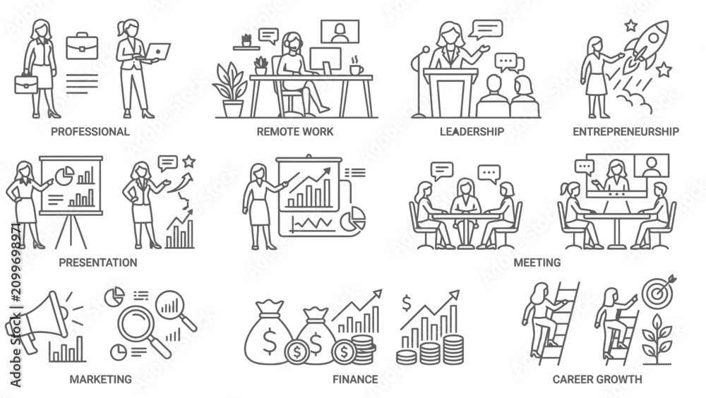 Obraz premium Business woman icons set. Professional female career and office work line art illustrations.