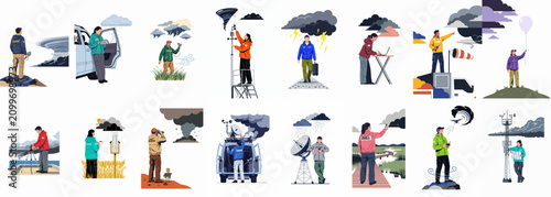 Foto Meteorologists and storm chasers conducting scientific research and monitoring extreme weather conditions using advanced equipment in various outdoor field locations