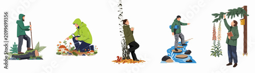 Foto Collection of flat illustrations showing people enjoying various outdoor activities in nature, including hiking, mushroom foraging, and exploring the forest