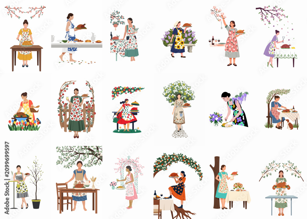 Naklejka premium A diverse collection of illustrations featuring women in floral aprons preparing and serving food in beautiful garden settings during spring and summer.