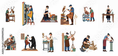 Foto A collection of professional taxidermists working in their studios, preserving and mounting diverse animal and bird specimens in a detailed flat vector style