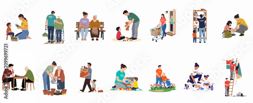 Bild auf Leinwand Vector illustration set of community service volunteers helping children and elderly people through various charitable activities and social support