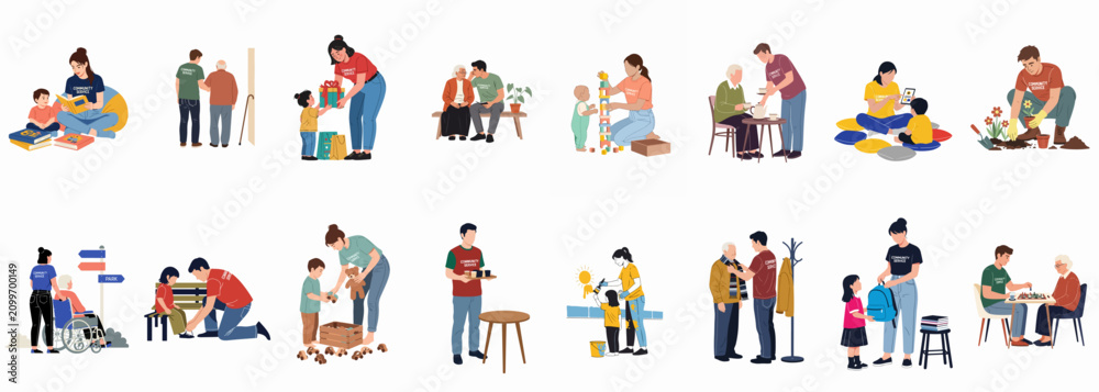 Fototapeta premium Diverse collection of community service activities featuring volunteers helping elderly, teaching children, gardening, and providing social support for community welfare and unity.