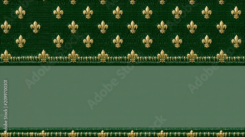 Green fabric with golden fleur de lis pattern and elegant border ornament tapestry background upholstery material decoration heraldic fabrication sophisticated interior backdrop historical