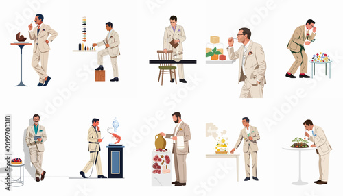 Photos Set of minimalist illustrations featuring a sophisticated man in a beige suit engaged in various gourmet food and culinary activities