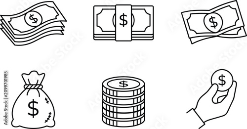 Quadro su tela Financial currency line icon set with dollar banknote stack money bag coin bundl