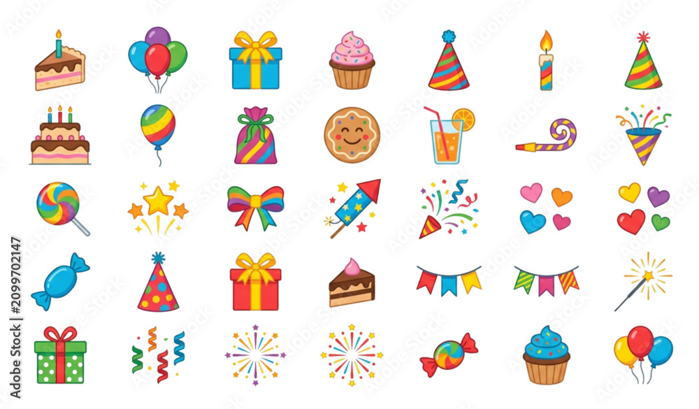 Fototapeta premium Birthday Party Colorful Clipart Set Flat Vector Illustration