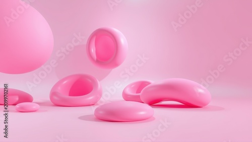 Pink abstract shapes float, rest upon pink surface. Minimalist composition, soft lighting creates gentle shadows. Modern design aesthetic.