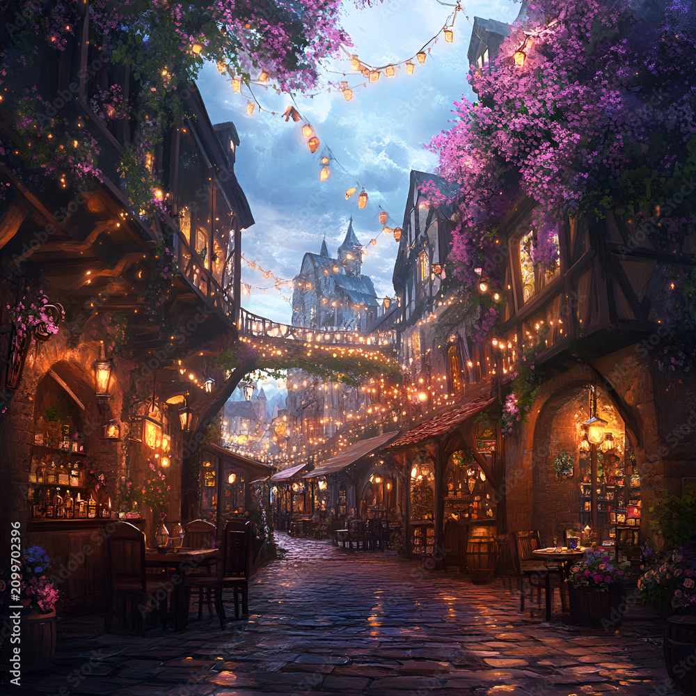 Naklejka premium Enchanting evening market illuminated by sparkling lights and colorful blooms in a quaint medieval village atmosphere