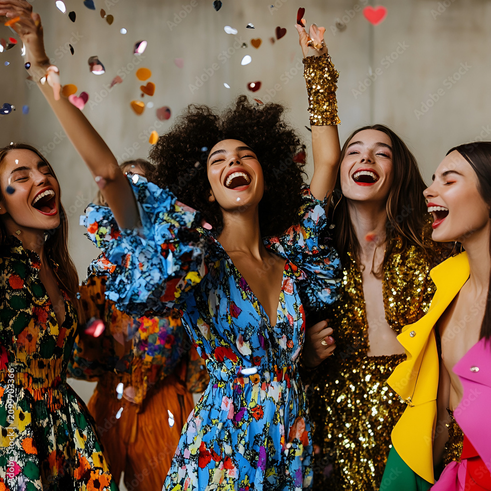 Obraz premium A lively gathering of women from different backgrounds in bright dresses joyfully tossing confetti during a festive celebration