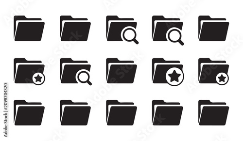 Comprehensive collection of file folder icons with search star and magnifying glass symbols for database.