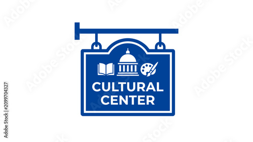 Cultural Center Sign with Icons: Book, Dome, Paintbrush - Blue & White