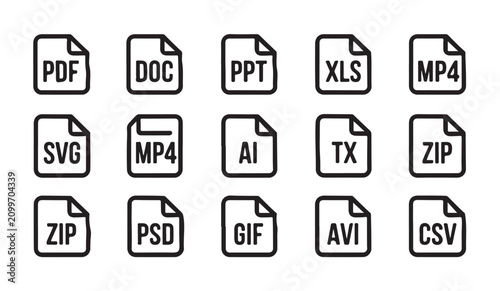 Diverse document file format extension icons including pdf doc ppt xls mp4 zip svg and psd label symbols.