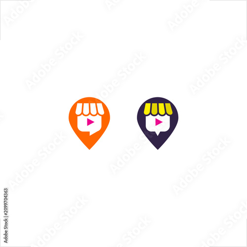 Video shop map pin location logo integrates e-commerce retail niche into clean flat modern style, perfectly crafted for digital marketplace branding application, multimedia streaming service identity,