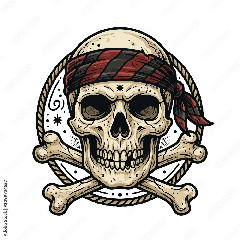 Fototapeta premium Pirate Skull and Crossbones with Bandana and Rope Circle