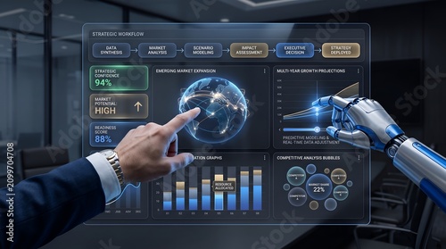 Human and Robot Hand Interacting with Futuristic Digital Business Dashboard