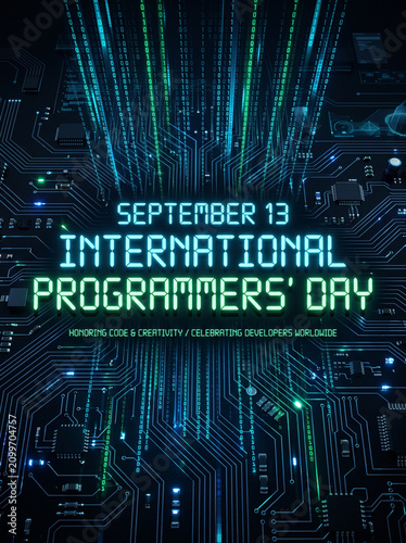 Digital circuit board background with glowing light data streams for international programmers day technology celebration.