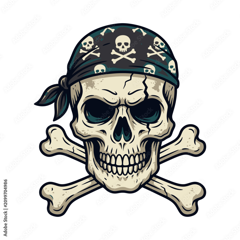 Fototapeta premium Pirate Skull Bandana, Crossbones, Danger Symbol, Scary Halloween Icon