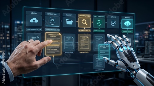 AI Robot and Human Hand Collaborate on Digital Document Processing Workflow