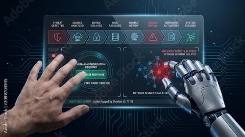 Cybersecurity Robot and Human Hand Interacting with Futuristic Security Interface