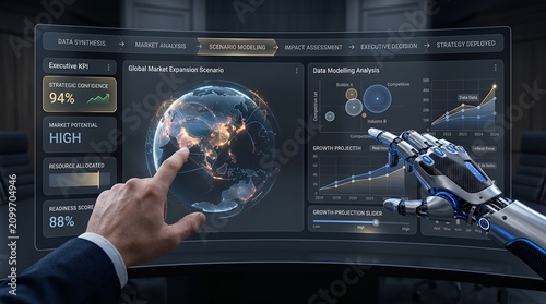 Futuristic Business Strategy Meeting with AI Robot and Holographic Globe