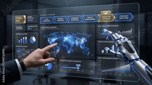 Futuristic Business Strategy Dashboard with Robot Hand and World Map