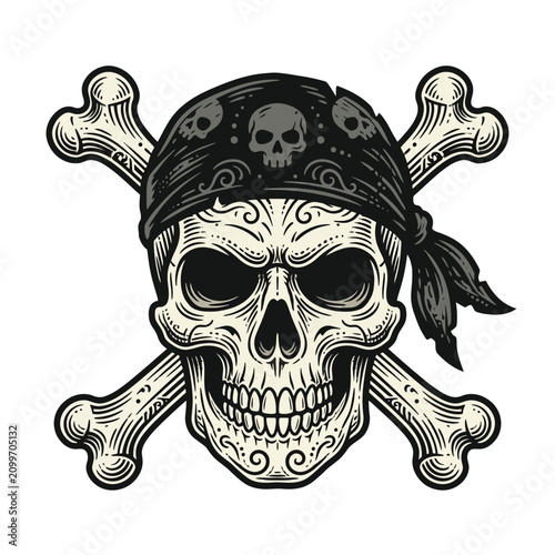 Pirate Skull Emblem with Crossbones and Bandana