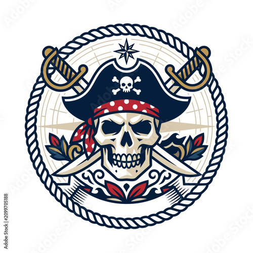 Pirate Skull Emblem with Crossed Swords and Compass