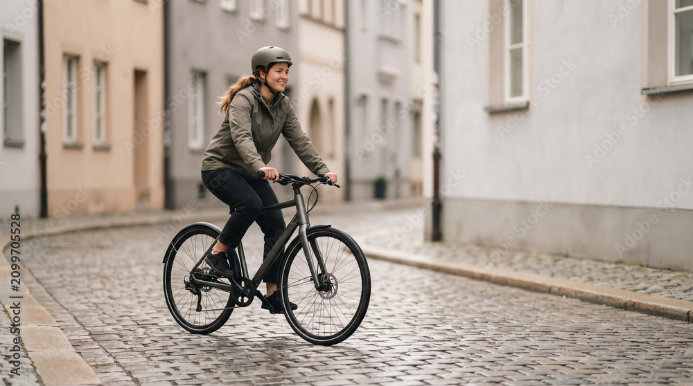 Fototapeta premium Woman cycling on cobblestone street
