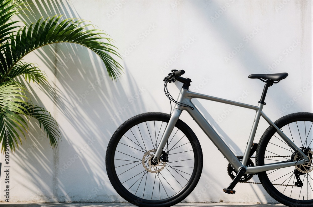 Fototapeta premium Grey hybrid bicycle standing against clean white wall with green palm leaves shadow ideal for urban mobility marketing and banner