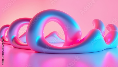 Abstract fluid shapes, vibrant pinks, blues create mesmerizing visual. Glossy surface reflects light, smooth curves dominate composition.